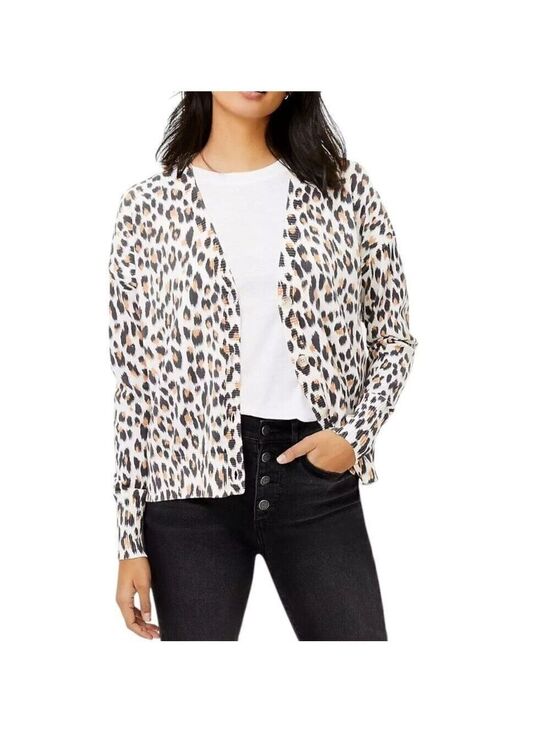 LOFT Sweaters - LOFT Leopard Print V-Neck Cardigan Sweater Women Color Cream/Gray Size Small